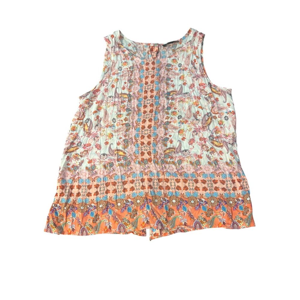 Christian Siriano Tank Top Button Back Paisley Floral Rayon Coral Blue Size M